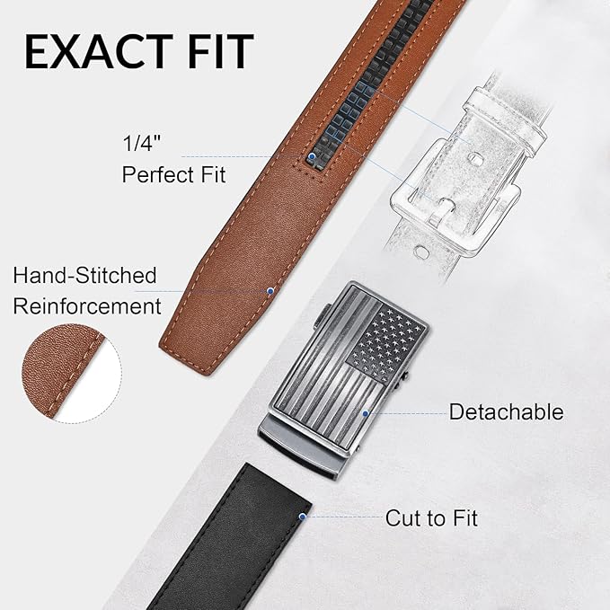 SANSTHS Mens Ratchet Belts Leather 1 3/8" for Men Dress and Casual, Adjustable Click Belts with American Flag Buckles