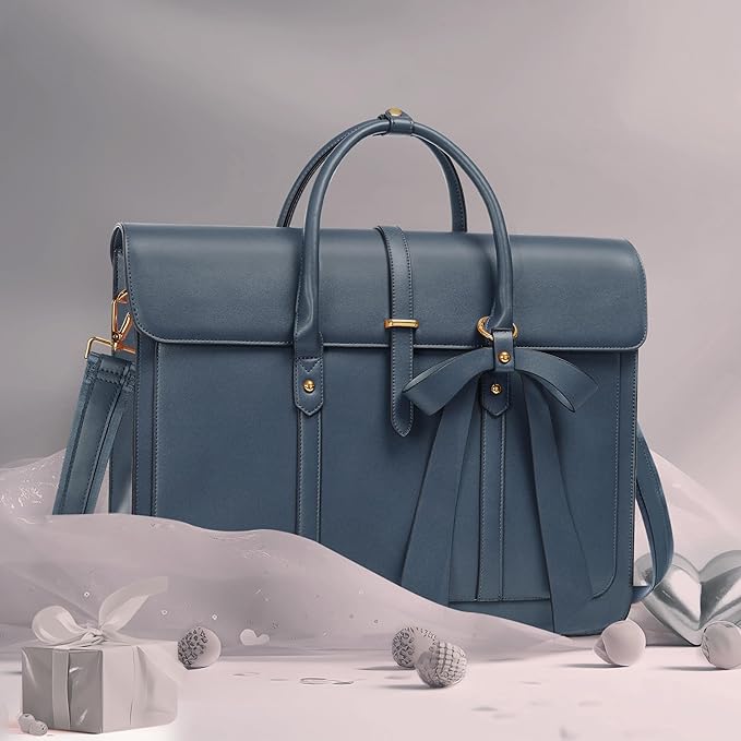 MOSISO Laptop Bag for Women, 13-14 inch PU Leather Laptop Shoulder Bags Convertible Backpack, 13.3 inch Messenger Bags Casual Handbag Work Briefcase Travel Computer Bag with Bowknot, Peacock Blue