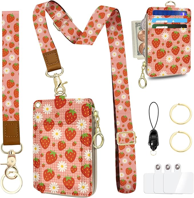 Lanyard Wallet Women, Id Badge Holder with Neck & Wristlet Lanyard, Cute Zipper Id Card Holder with Adjustable Lanyard, Id Badge with RFID Keychain Wallet for Women Office Gift - Strawberry