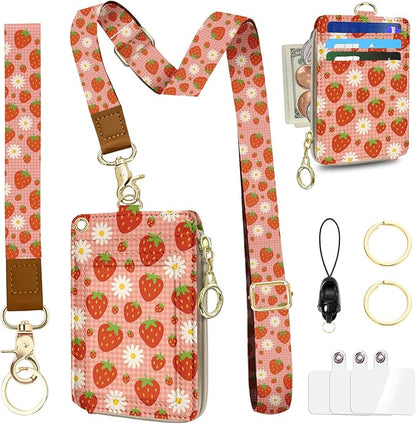Lanyard Wallet Women, Id Badge Holder with Neck & Wristlet Lanyard, Cute Zipper Id Card Holder with Adjustable Lanyard, Id Badge with RFID Keychain Wallet for Women Office Gift - Strawberry