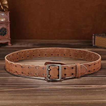 Handcrafted Vintage Style Leather Belt, Brown Full-Grain Leather, Brass Buckle, Double Stitched Design, Casual Wear
