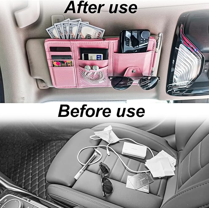 Keedolla 2 Pack Car Sun Visor Pocket Organizer, Auto Interior Accessories Car Truck Visor Organizer Storage Pouch Case Bag for Cards, Pens and Documents - Pink