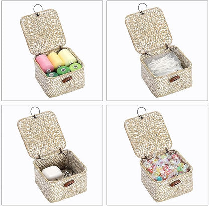 Hipiwe Handwoen Seagrass Basket with Lid Key Holder Box for Entry Decorative Mini Shelf Basket, Whitewash 3.5" x 3.5" x 2"