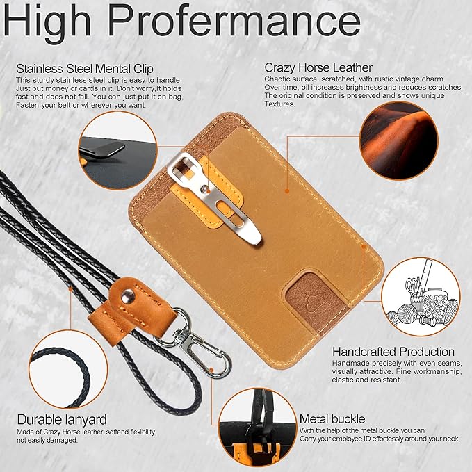 1 Pc LeeFirst Double Sided Leather ID Badge Holder with Leather Lanyard, ID Card Holder with Clip, Vertical Slim Design, 3 Card Slots for Nurse Teacher Student Office