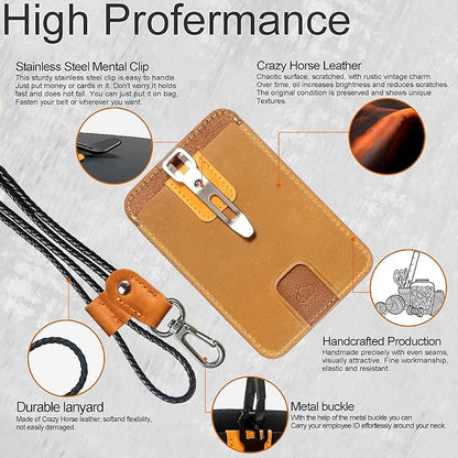 1 Pc LeeFirst Double Sided Leather ID Badge Holder with Leather Lanyard, ID Card Holder with Clip, Vertical Slim Design, 3 Card Slots for Nurse Teacher Student Office
