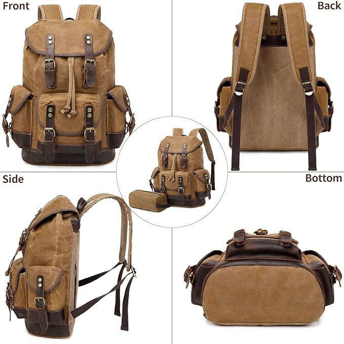 Wogarl Leather Backpack for Men, Waxed Canvas Vintage Backpack Rucksack for Business College Travel Hiking Shoulder Daypacks With Toiletry Bag(Khaki)
