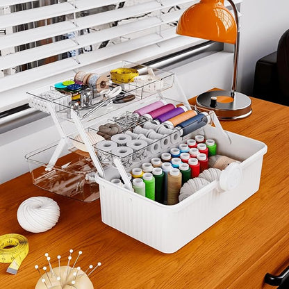 Yieach 13.3 Inch Craft Box Organizer and Medicine Organizer Storage with 2 Tier Tray,Multifunctional Plastic Sewing Organizers,Cute First aid Kit Empty Box with Handle and Craft Supply storage,White