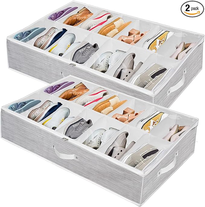Shoe Organizer Under Bed,Underbed Shoe Storage Boxes Bins,Sturdy Organizador De Zapatos,Extra Large Zapateras Organizer for Closet,Men Women Kids Shoes,High Heels,Short Boots,Sneakers,White,Set of 2