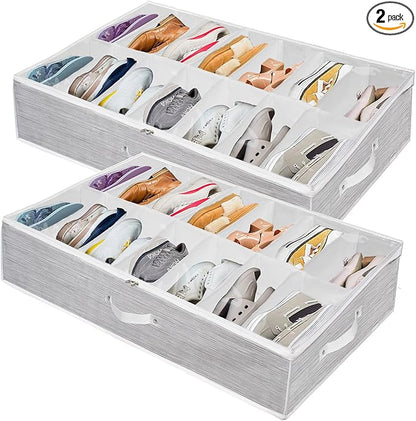 Shoe Organizer Under Bed,Underbed Shoe Storage Boxes Bins,Sturdy Organizador De Zapatos,Extra Large Zapateras Organizer for Closet,Men Women Kids Shoes,High Heels,Short Boots,Sneakers,White,Set of 2