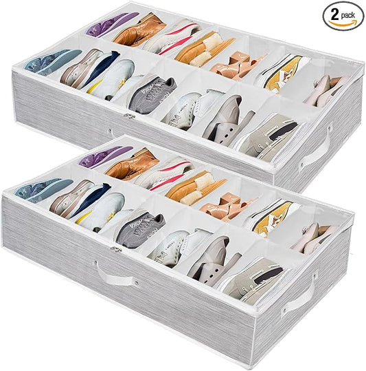 Shoe Organizer Under Bed,Underbed Shoe Storage Boxes Bins,Sturdy Organizador De Zapatos,Extra Large Zapateras Organizer for Closet,Men Women Kids Shoes,High Heels,Short Boots,Sneakers,White,Set of 2