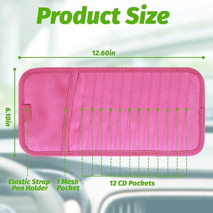 Car CD & DVD Holder - Large Capacity CD Visor Case, Vehicle Visor Storage Organizer with 12 Disc Sleeves, 1 Mesh Pocket 1 Pen Holder and & Elastic Band (Pink)