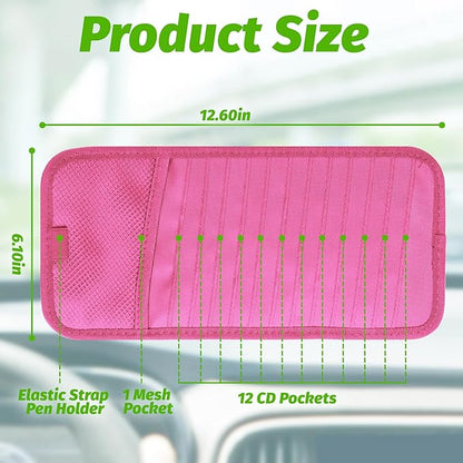 Car CD & DVD Holder - Large Capacity CD Visor Case, Vehicle Visor Storage Organizer with 12 Disc Sleeves, 1 Mesh Pocket 1 Pen Holder and & Elastic Band (Pink)