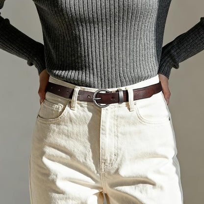 SANSTHS Womens Genuine Leather Belts for Jeans Pants Trendy Vintage Thin Leather Belt Gold Buckle Ladies Skinny Waist Belt