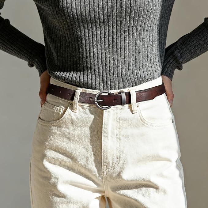 SANSTHS Womens Genuine Leather Belts for Jeans Pants Trendy Vintage Thin Leather Belt Gold Buckle Ladies Skinny Waist Belt