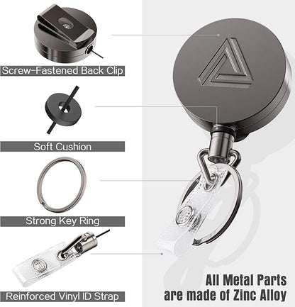 2 Pack Heavy Duty Metal Retractable Badge Holder Reel with Belt Clip Key Ring and Waterproof Vertical Clear ID Card Holder + 2 Extra Carabiner Key Chain Rings, 30 inches Strong Dyneema Pull Cord