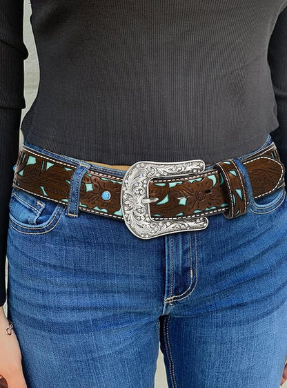 INOGIH Adjustable-Vintage-Western-Cowboy-Belt Women Men - Cowboy-Style Engraved-Buckle Belt for Jeans Pants Dresses