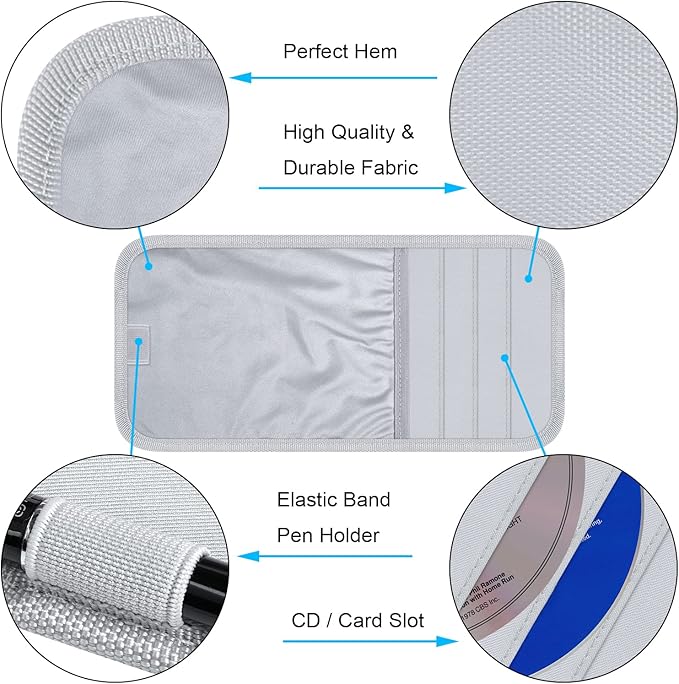 Car Sun Visor Organizer, Auto Storage Pouch with 3 CD Sleeves, Pen Holder, Strap & Pocket for Sunglass, Document, Card - Gray