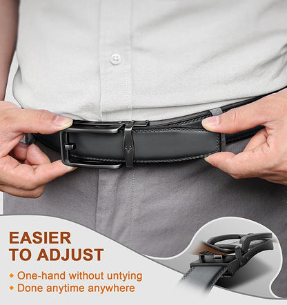 BULLIANT Men Ratchet Belt 2 Pack, Click Sliding Leather Belt Adjustable for Gift Men Dress Casual Jeans 1 3/8,Cut for Fit
