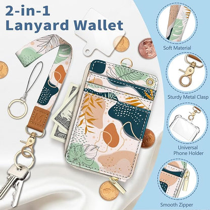 Lanyard Wallet with Id Badge Holder, Boho RFID Small Keychain Wallet Women Wristlet, Cute Zipper Credit Card Holder Phone Wrist Neck Strap for Key Name Tag, Teacher Student Office Gifts
