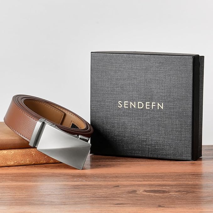 SENDEFN Men's Leather Belt Automatic Ratchet Buckle Slide Belt for Dress Casual Trim to Fit with Gift Box
