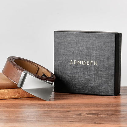 SENDEFN Men's Leather Belt Automatic Ratchet Buckle Slide Belt for Dress Casual Trim to Fit with Gift Box