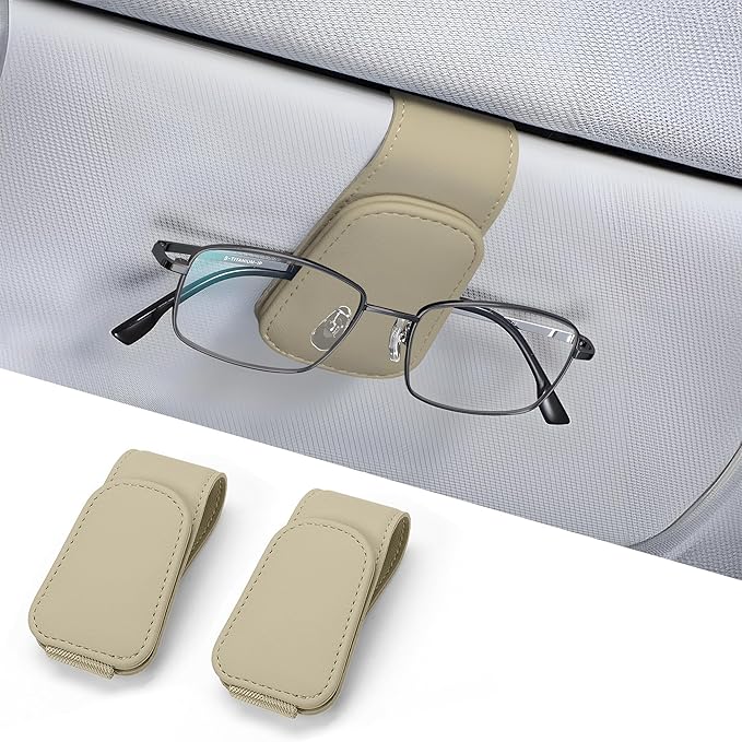 2 Packs Sunglass Holder for Car, Magnetic Leather Car Sunglass Holder, Visor Sunglasses Holder Clip, Sunglasses Clip for Car Visor, Sunglass Holder for Different Size Eyeglasses (Beige)