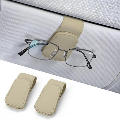 2 Packs Sunglass Holder for Car, Magnetic Leather Car Sunglass Holder, Visor Sunglasses Holder Clip, Sunglasses Clip for Car Visor, Sunglass Holder for Different Size Eyeglasses (Beige)