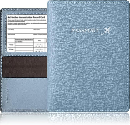 Genuine Leather Passport Cover Wallet, Ultra Slim Case with Vaccine Card Slot, RFID Blocking (Ice Blue)