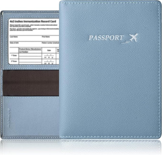 Genuine Leather Passport Cover Wallet, Ultra Slim Case with Vaccine Card Slot, RFID Blocking (Ice Blue)