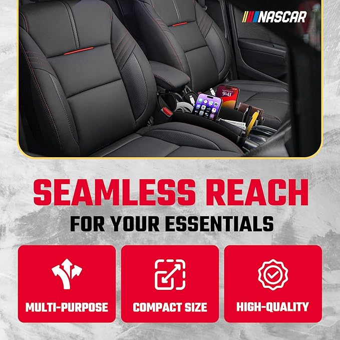 NASCAR Car Seat Gap Filler Organizer (2 Pack)| Universal Fit | Easy Install Car Console Organizer for Essentials, Seat and Console Gap Filler | Car Side Seat Gap Organizer w/Storage Pockets | Black