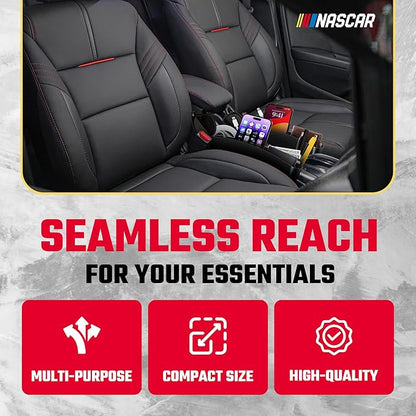 NASCAR Car Seat Gap Filler Organizer (2 Pack)| Universal Fit | Easy Install Car Console Organizer for Essentials, Seat and Console Gap Filler | Car Side Seat Gap Organizer w/Storage Pockets | Black