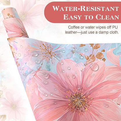 Desk Mat Desk Pad for Keyboard and Mouse, 31.5 x 15.7 in, Pastel Pink Blue Floral Watercolor PU Leather Computer Protector, Non-Slip Base, Waterproof, Easy Clean for Office Gaming, Mouse Pad