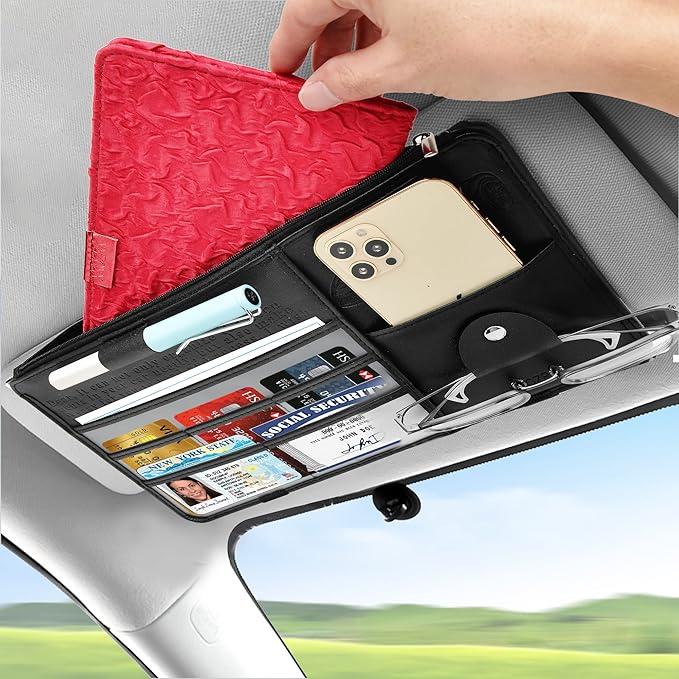 Leather Car Sun Visor Organizer for Cars, Trucks & SUVs: Features Sunglasses Holder, Secure Zipper Pockets, and 6 Clear Windows for Registration, Driver's License, and Insurance Card（black）