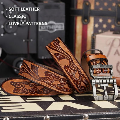 BISON DENIM Men's Genuine Leather Casual Belt, Classic Western Cowboy Dress Belts