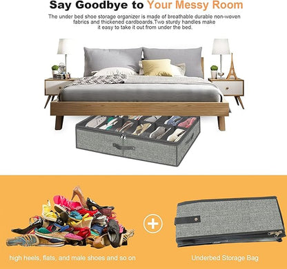 homyfort Under Bed Shoe Storage Organizer for Closet Fits 24 Pairs-Sturdy Underbed Shoe Containers Boxes Organizador De Zapatos with Clear Cover,Set of 2, 29.3 x 23.6 x 5.9inch (Linen-like Grey)