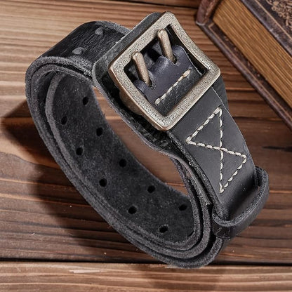 Handcrafted Vintage Style Leather Belt, Brown Full-Grain Leather, Brass Buckle, Double Stitched Design, Casual Wear
