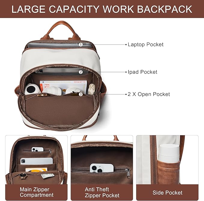 Travel Backpack for Women and Men, Fits 17.0" Laptop, Stylish Lay-Flat Carry-on Vegan Leather Backpack with Luggage Strap for Travel and Daily Use
