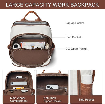 Travel Backpack for Women and Men, Fits 17.0" Laptop, Stylish Lay-Flat Carry-on Vegan Leather Backpack with Luggage Strap for Travel and Daily Use