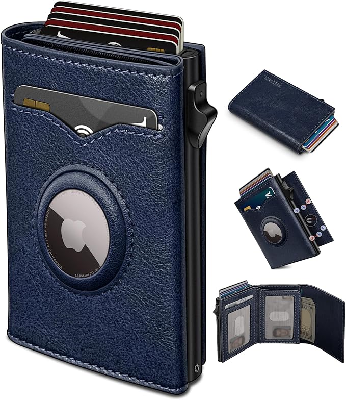 miyozi Airtag Wallet for Men,with Cash Pocket 2 ID Window 9-12 Cards,Metal Case Smart Slim Pop Up Credit Card Holder Flip with Magnetic Closure RFID Blocking Trifold wallet with Gift Box