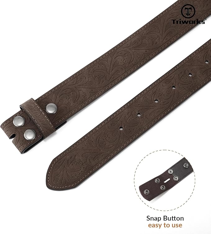 TRIWORKS Western Belt Strap for Men without Buckle 1.5" Wide Floral Engraved Embossed Leather Belt Strap