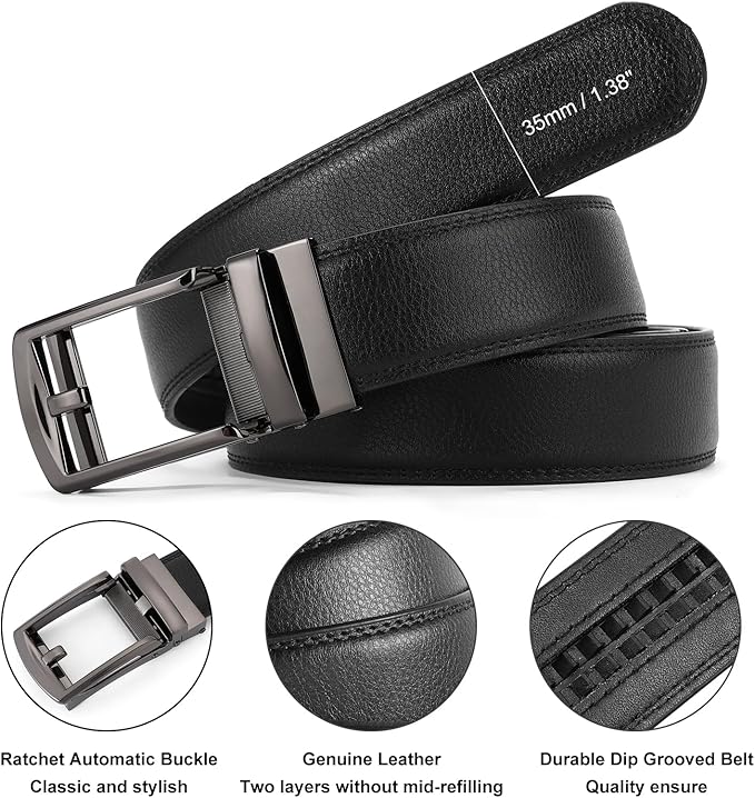GAEKEAO Ratchet Belt for Men Genuine Leather 1 3/8" - Micro-Adjust Buckle Trim to Fit Dress Belt Casual to Formal Gift Boxed