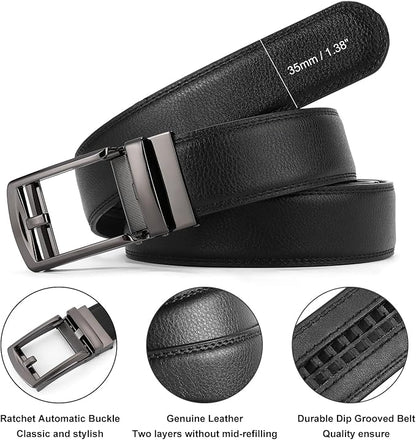 GAEKEAO Ratchet Belt for Men Genuine Leather 1 3/8" - Micro-Adjust Buckle Trim to Fit Dress Belt Casual to Formal Gift Boxed