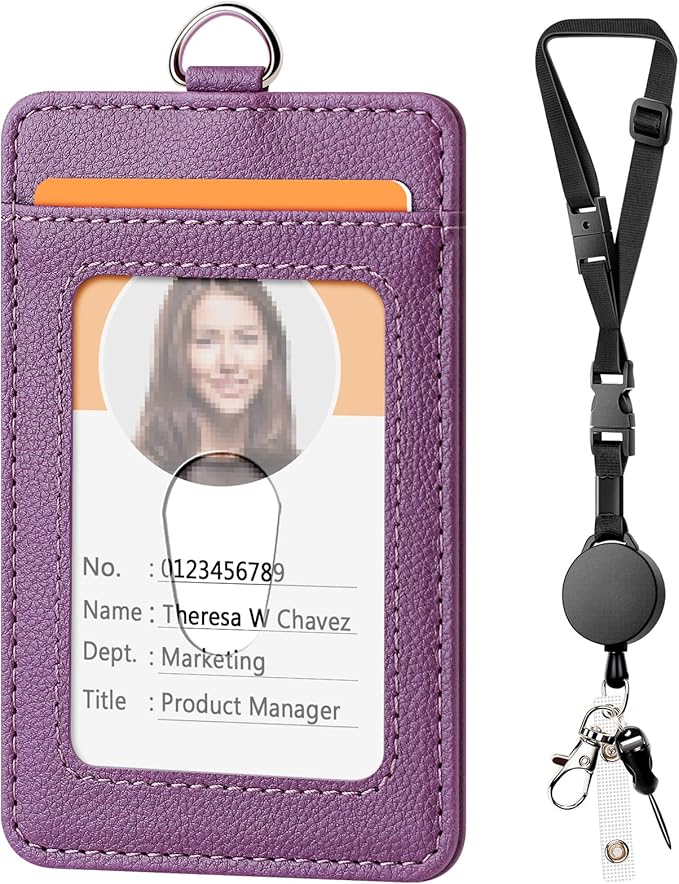 Leather Badge Holder and Adjustable Retractable Lanyards, Quick Release Buckle and Safety Breakaway Lanyards with Swivel Metal Clasp for Offices, Staff, Students, Employees