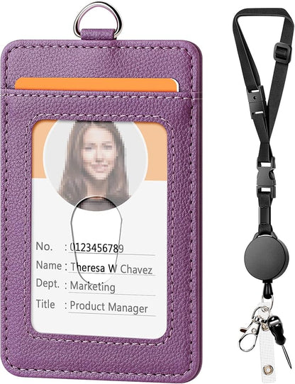 Leather Badge Holder and Adjustable Retractable Lanyards, Quick Release Buckle and Safety Breakaway Lanyards with Swivel Metal Clasp for Offices, Staff, Students, Employees