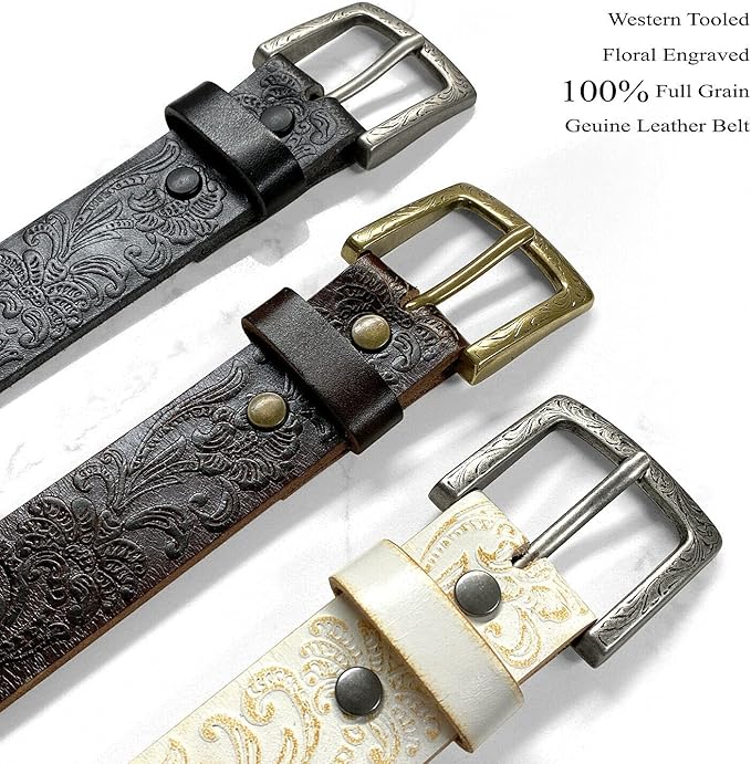 Cowboy Cowgirl Western Tooled Floral Embossed Full Grain Genuine Leather Belt Strap 1-1/2"(38mm) Wide