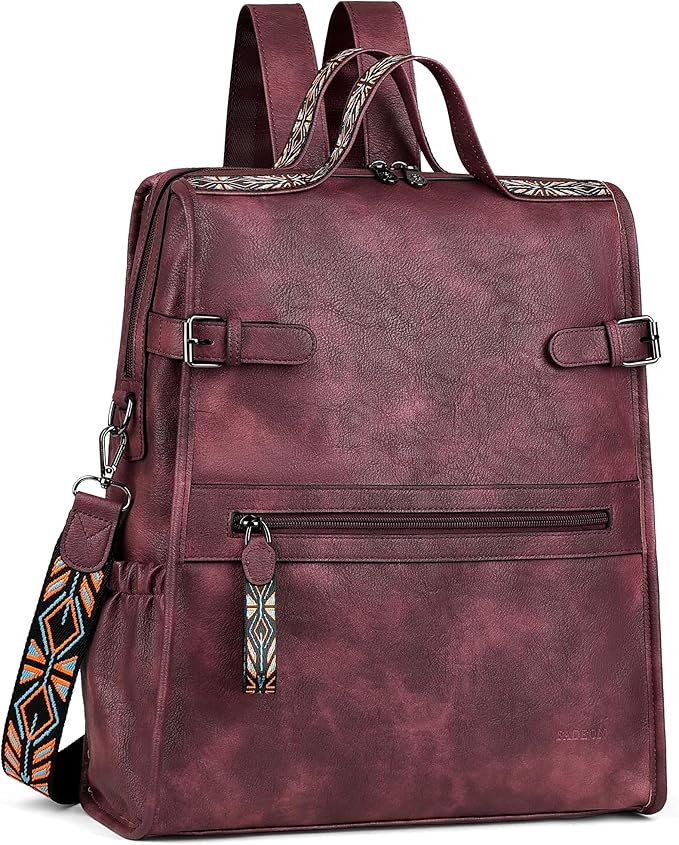 FADEON Leather Laptop Backpack for Women, Designer Ladies Work Travel Computer Backpack with Laptop Compartment Purse Red