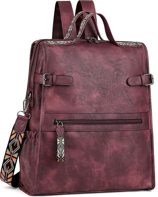 FADEON Leather Laptop Backpack for Women, Designer Ladies Work Travel Computer Backpack with Laptop Compartment Purse Red