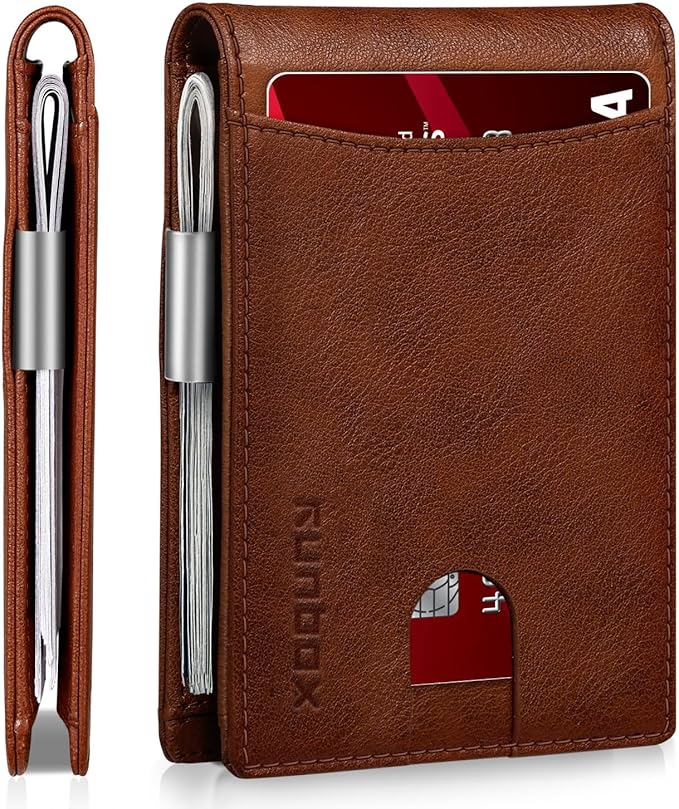 RUNBOX Slim Money Clip Wallets for Men RFID Blocking 11 Card Holder Minimalist Small Leather Bifold Men's Front Pocket Wallet Gift Box