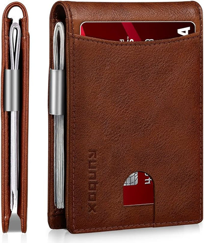 RUNBOX Slim Money Clip Wallets for Men RFID Blocking 11 Card Holder Minimalist Small Leather Bifold Men's Front Pocket Wallet Gift Box