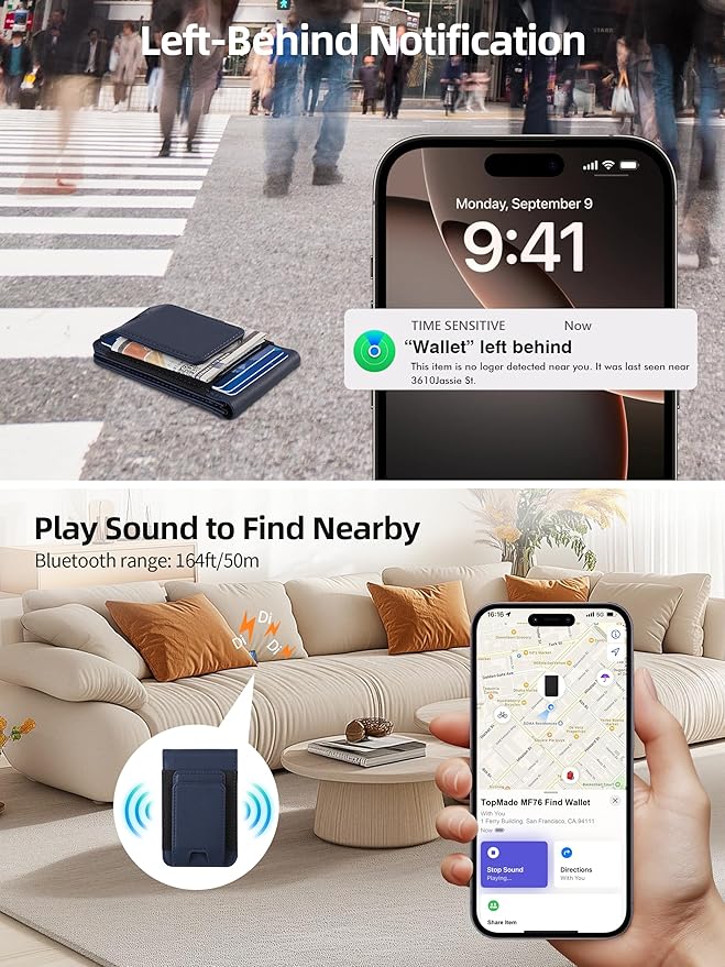 TopMade for MagSafe Wallet with Money Clip, Works with Apple Find My, Strong Magnetic Wallet for iPhone 17/16/15/14/13/12 Series, for iPhone Wallet Stand with Finder Tracker, 8 Cards Holder, Navy Blue